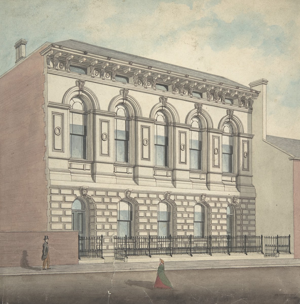 Perspective elevation from left of stonefaced building of five bays and two stor