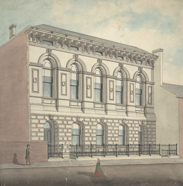 Perspective elevation from left of stonefaced building of five bays and two stor