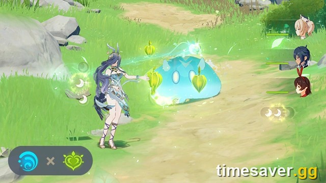 In-game Genshin Impact screen showing the Hydro and Dendro reaction indicator with Dendro Cores on the field