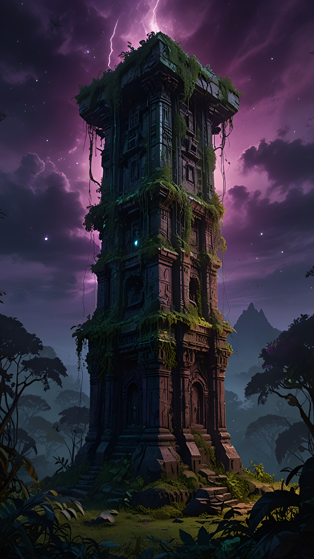 Ancient Jungle Temple Tower Under Purple Thunderstorm Sky - Free 4K mobile Wallpaper