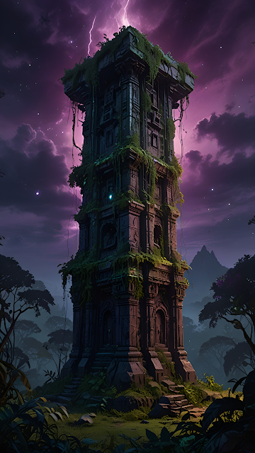 Ancient Jungle Temple Tower Under Purple Thunderstorm Sky - Free mobile Wallpaper