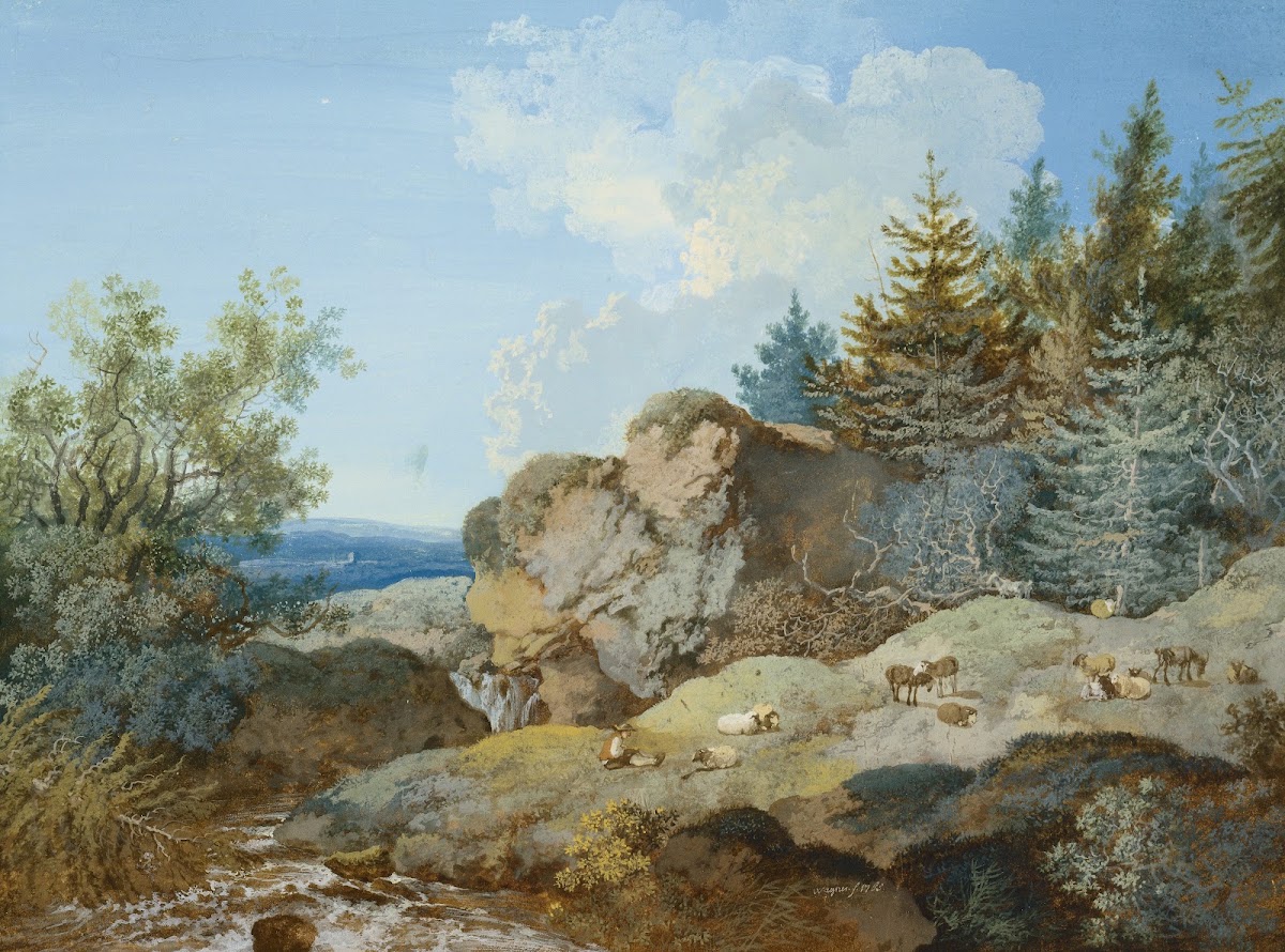 Waldlandschaft im Gebirge mit Herde und Gewässer 1763