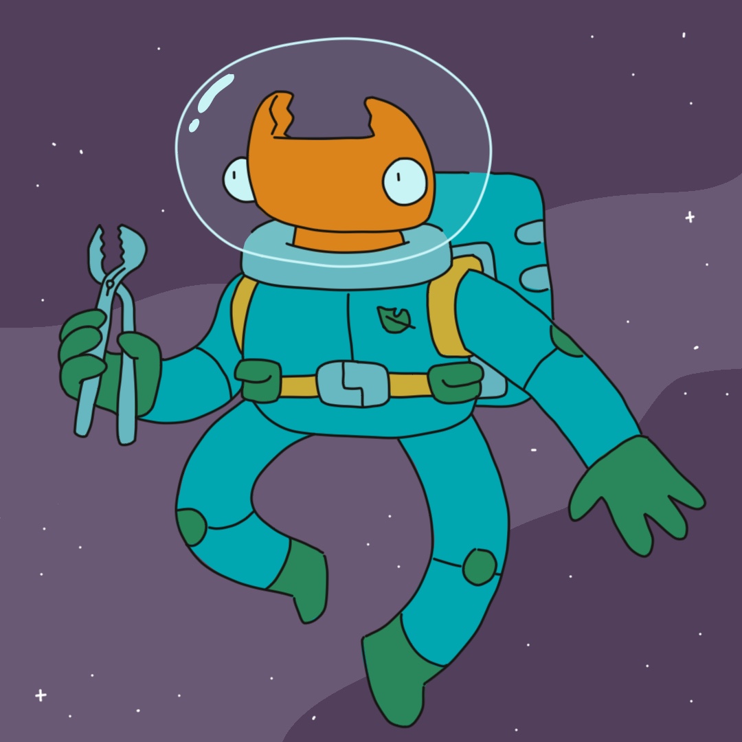 A digital drawing of a bug in a space suit with starry space behind them