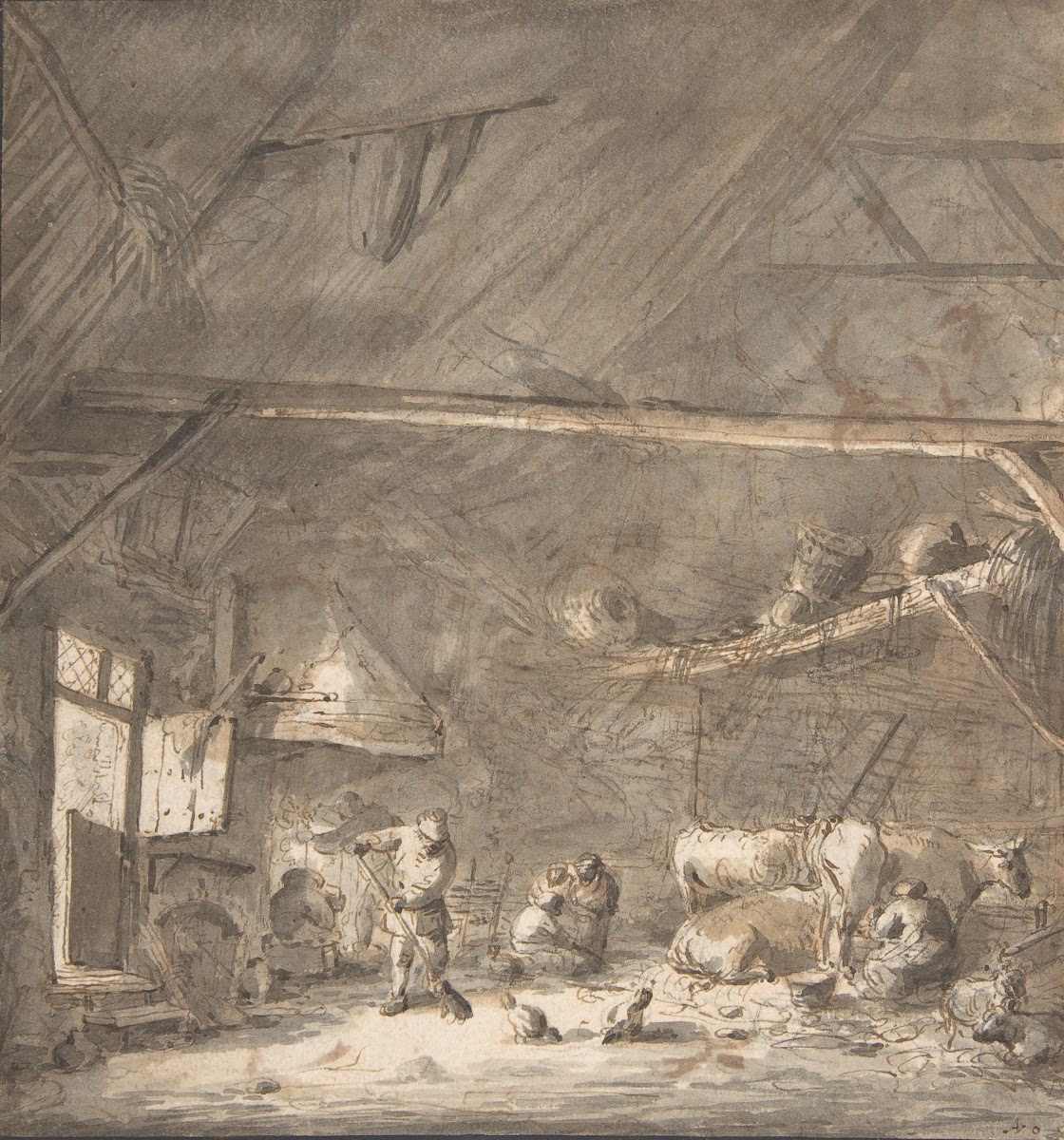 Barn Interior with Peasants and Cows 17th century