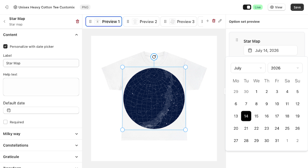 Option set preview and canvas after selecting July 14, 2026, showing the star map redrawn for that date