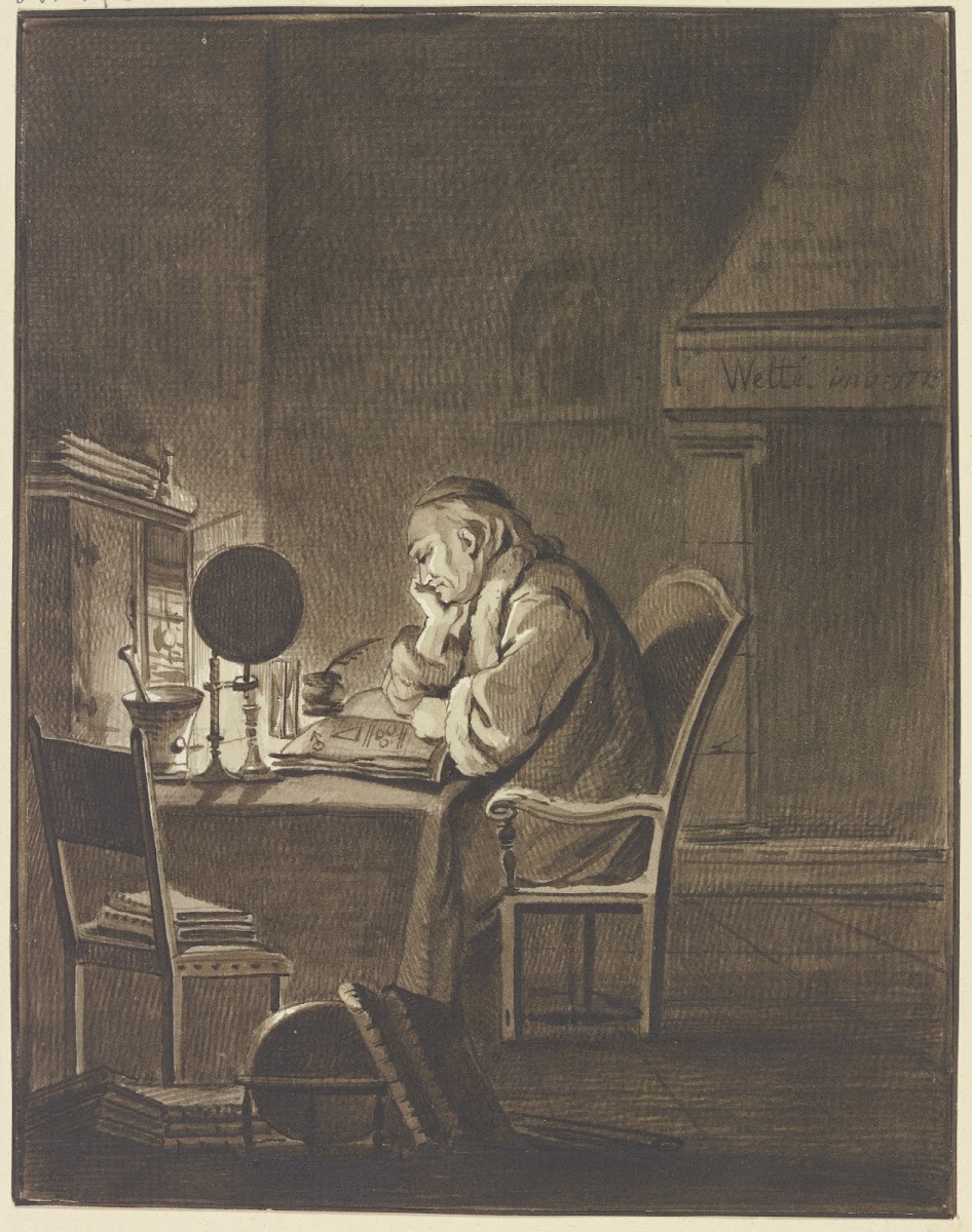 Ein Gelehrter am Tisch sitzend bei Lampenlicht lesend 1779