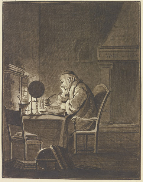 Ein Gelehrter am Tisch sitzend bei Lampenlicht lesend 1779
