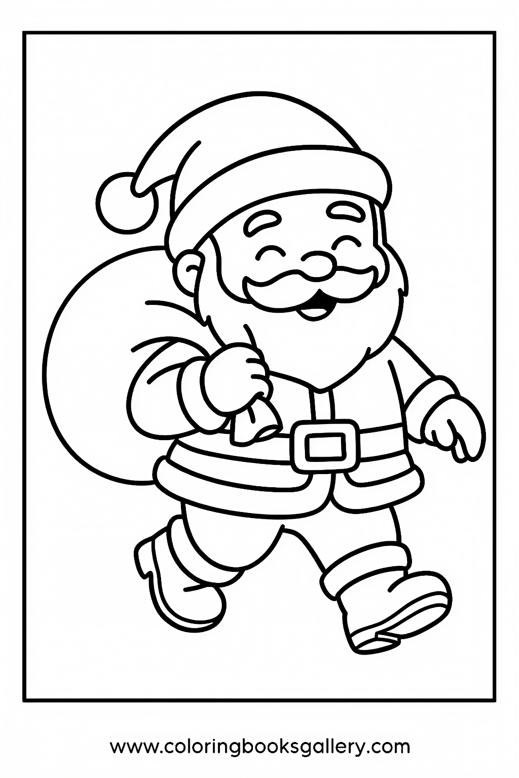 Santa Claus carrying a sack of gifts free printable coloring sheet