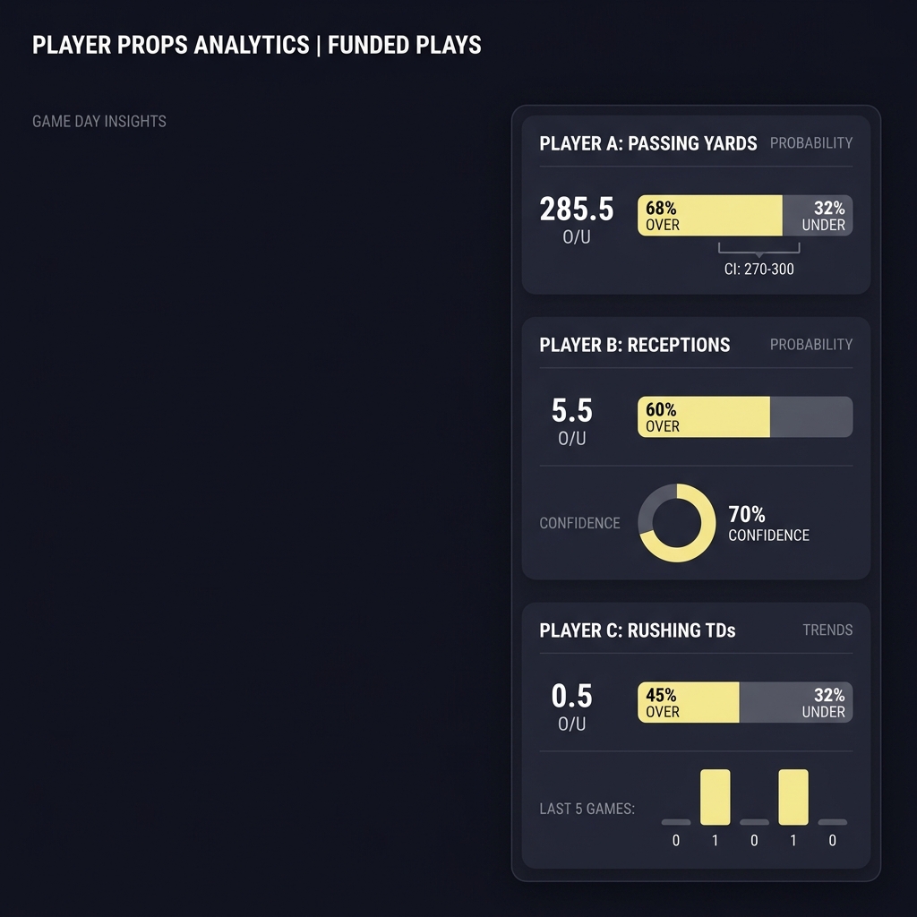 Close up clean scoreboard overlay showing player specific metrics probability bars and props analysis in Funded Plays brand colors Why Narrative-Based Props Can Be Mispriced