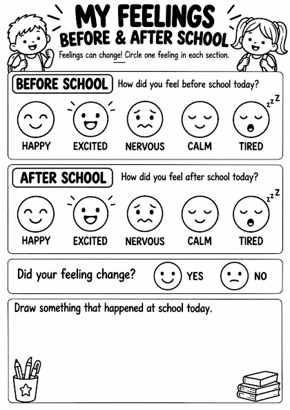 My Feelings Before and After School Worksheet