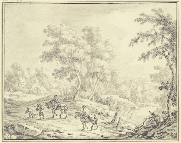 Bewaldete hügelige Landschaft in der Mitte eine Baumgruppe hinter der Häuser lie