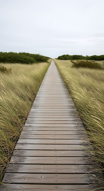Straight Wooden Board Path Leading Through Grassy Dunes Under a Cloudy Sky - Free mobile Wallpaper