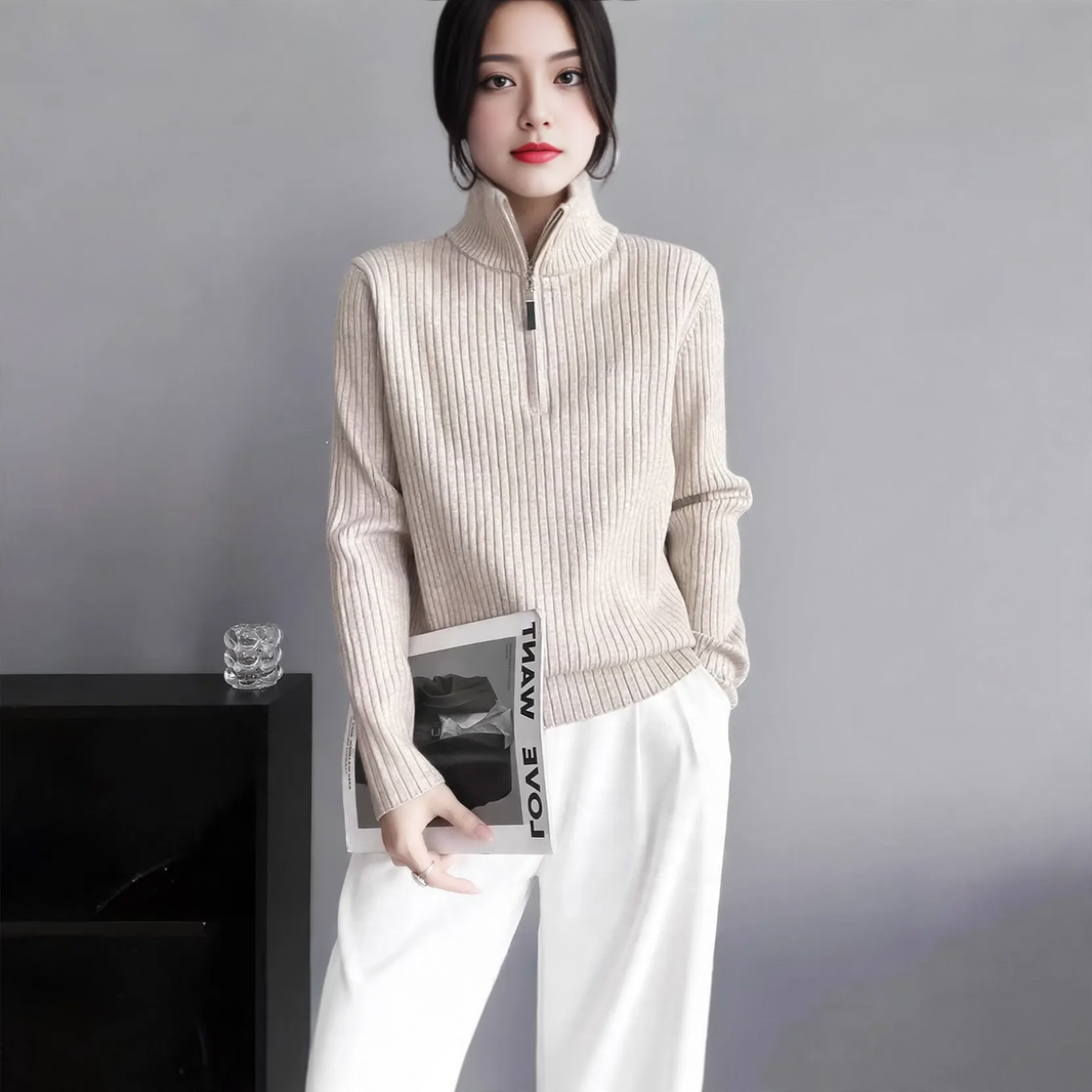 Women's knitted sweater with zipper and finger holes