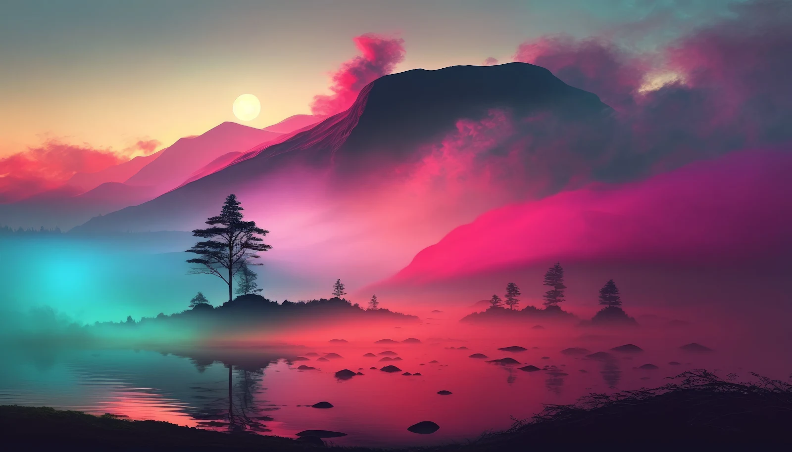 Mountains, Sunset, Fog, Lake, Pink 4K Wallpaper Background