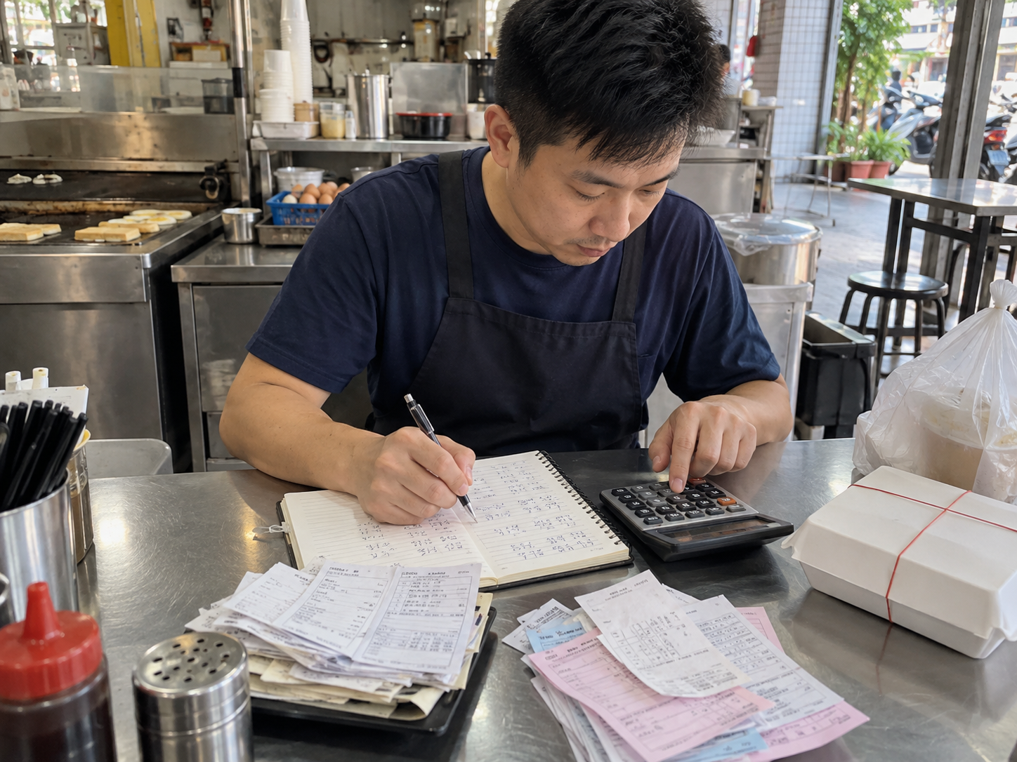 早餐店老闆用進貨單、計算機與筆記本核對成本