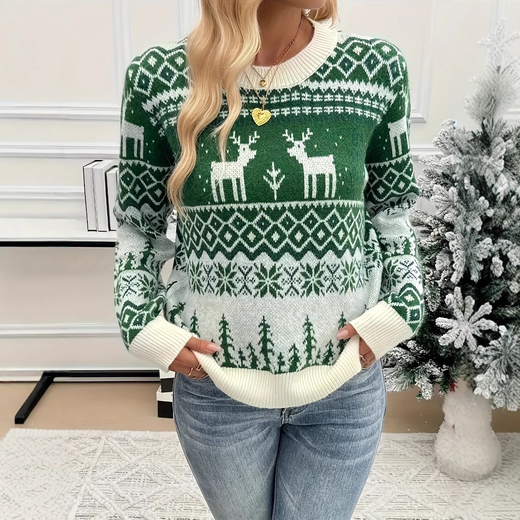 Retro Christmas Sweater for Women with Reindeer Jacquard