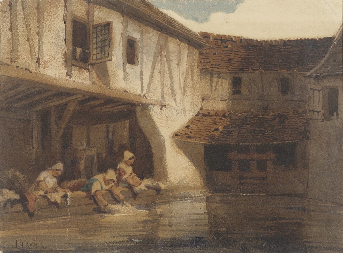 Wassende vrouwen in een open hal van een huizencomplex aan het water 1828   1879