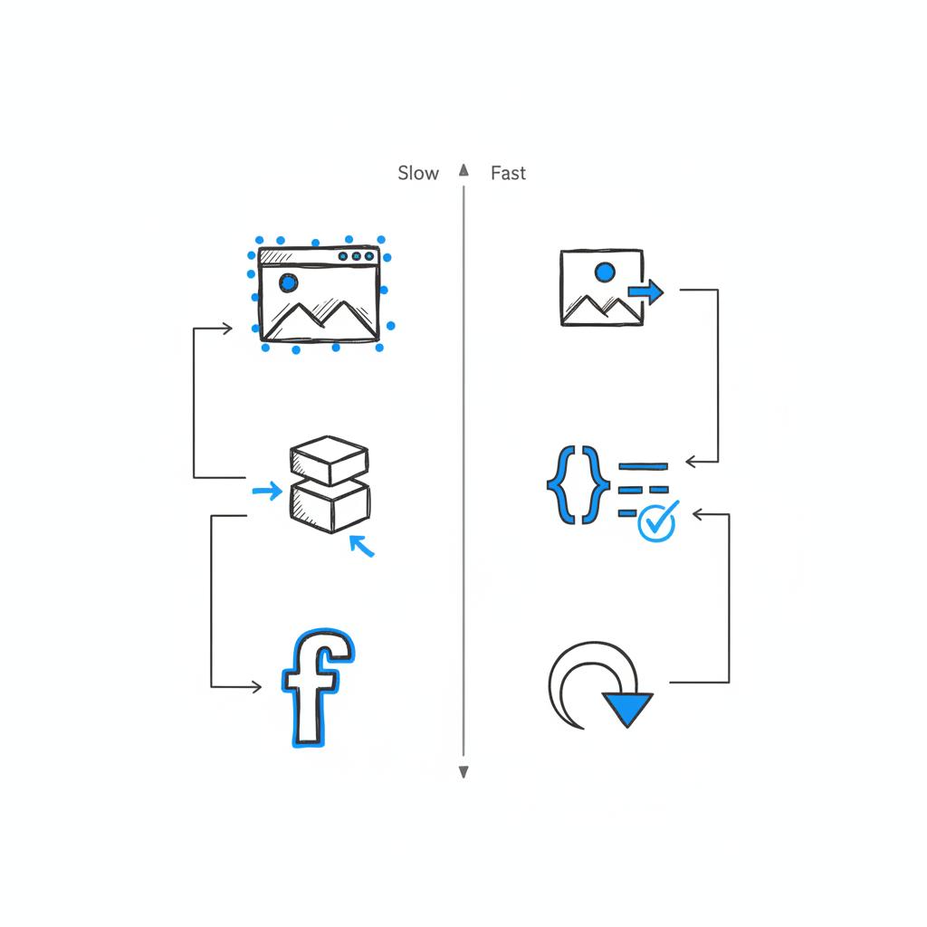 2D vector notebook diagram showing two lanes for slow vs fast page performance with icons for large images, blocking scripts, fonts versus compressed images, critical CSS, deferred scripts. 3 second rule web design