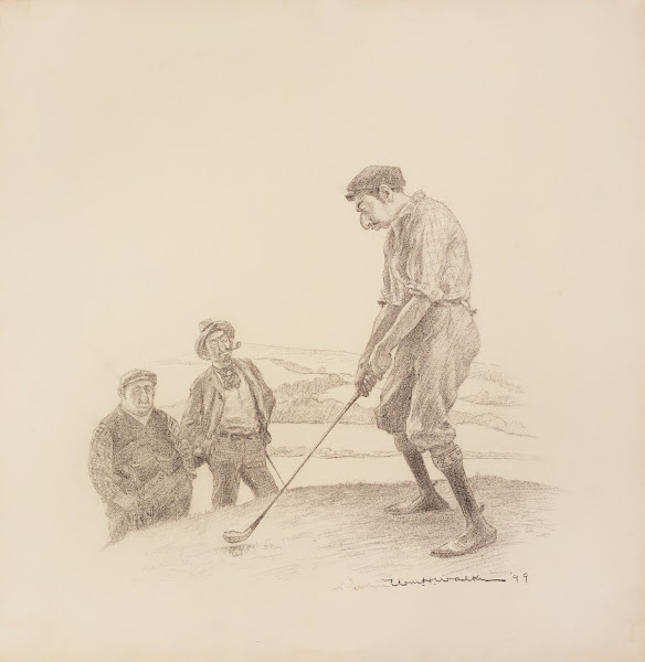 Two men watch a third about to swing a golf club 1900
