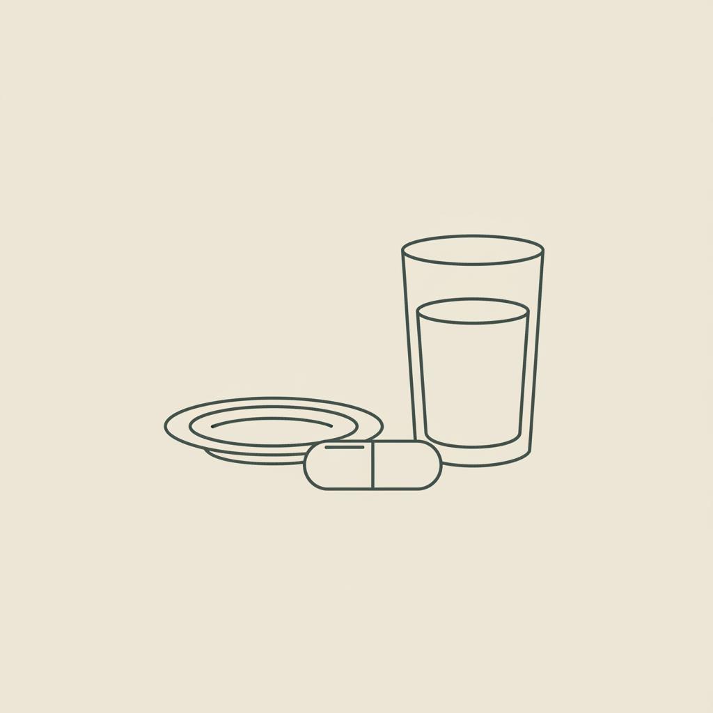 Minimalist Tonum-style line illustration of a small plate, water glass and single capsule on a beige background, representing a calm daily ritual for how to stop cravings