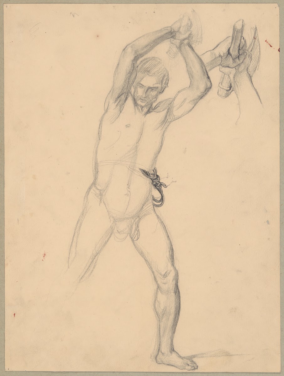 Nude sketch to the executioner with an axe recto and a stone verso to the painti