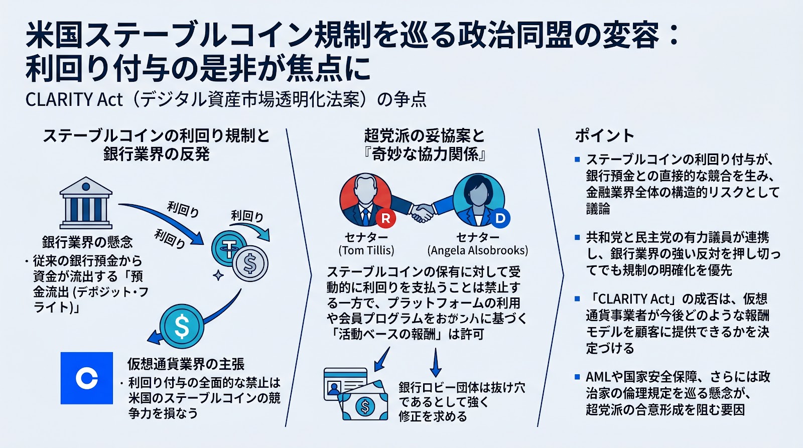 米国ステーブルコイン規制を巡る政治同盟の変容：利回り付与の是非が焦点に