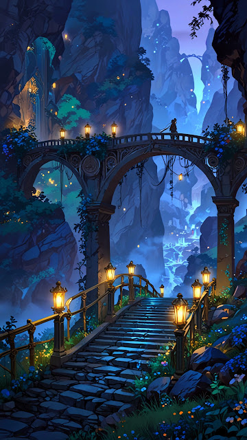 Illuminated Stone Bridge in a Magical Blue Canyon - Free mobile Wallpaper