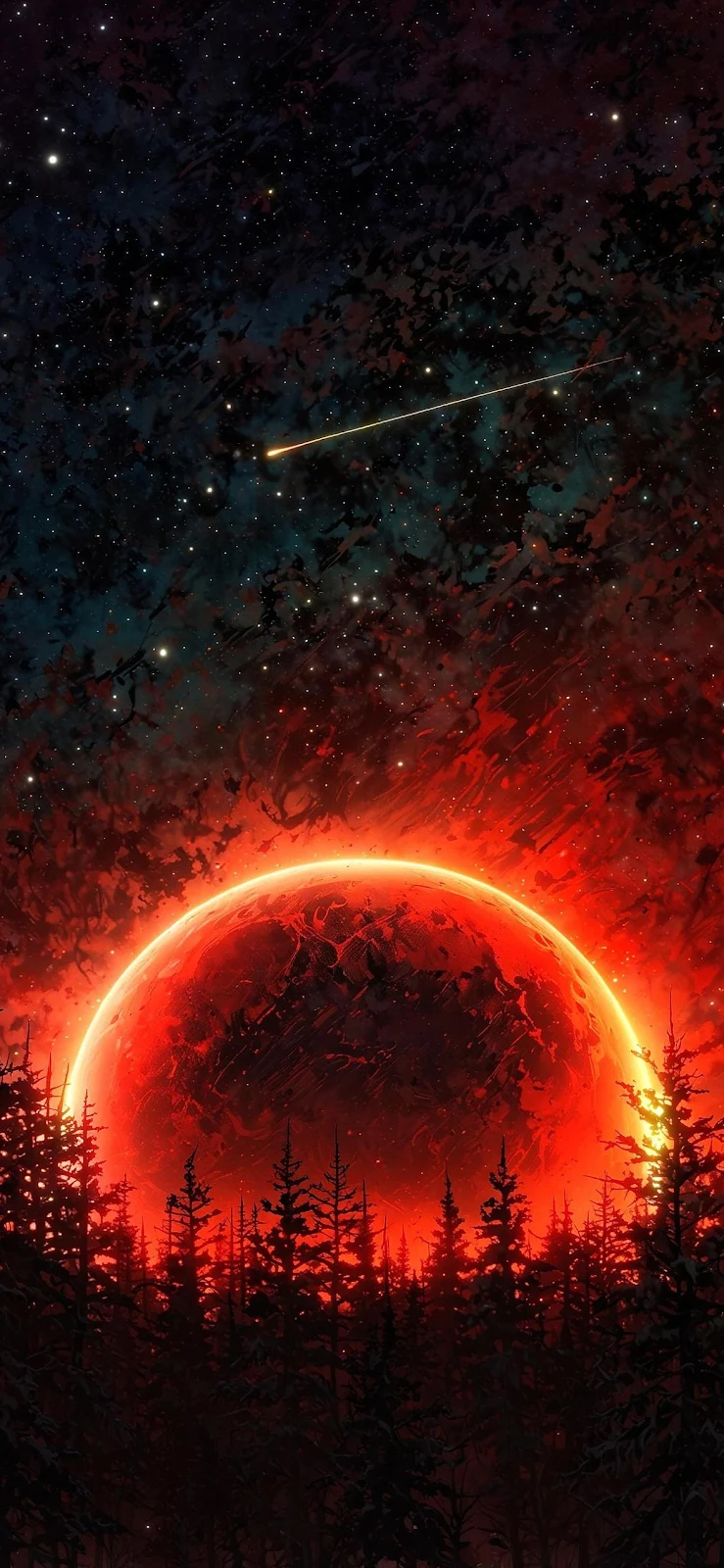 Eerie Red Planet Over Forest - Digital Fantasy Illustration Full HD iPhone Wallpaper (1174x2543)