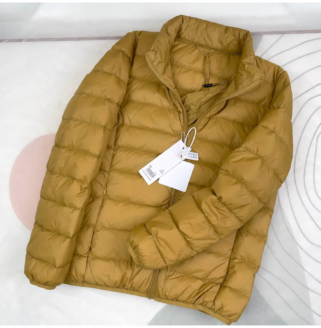 Short, lightweight down jacket with stand-up collar, 90% white duck down