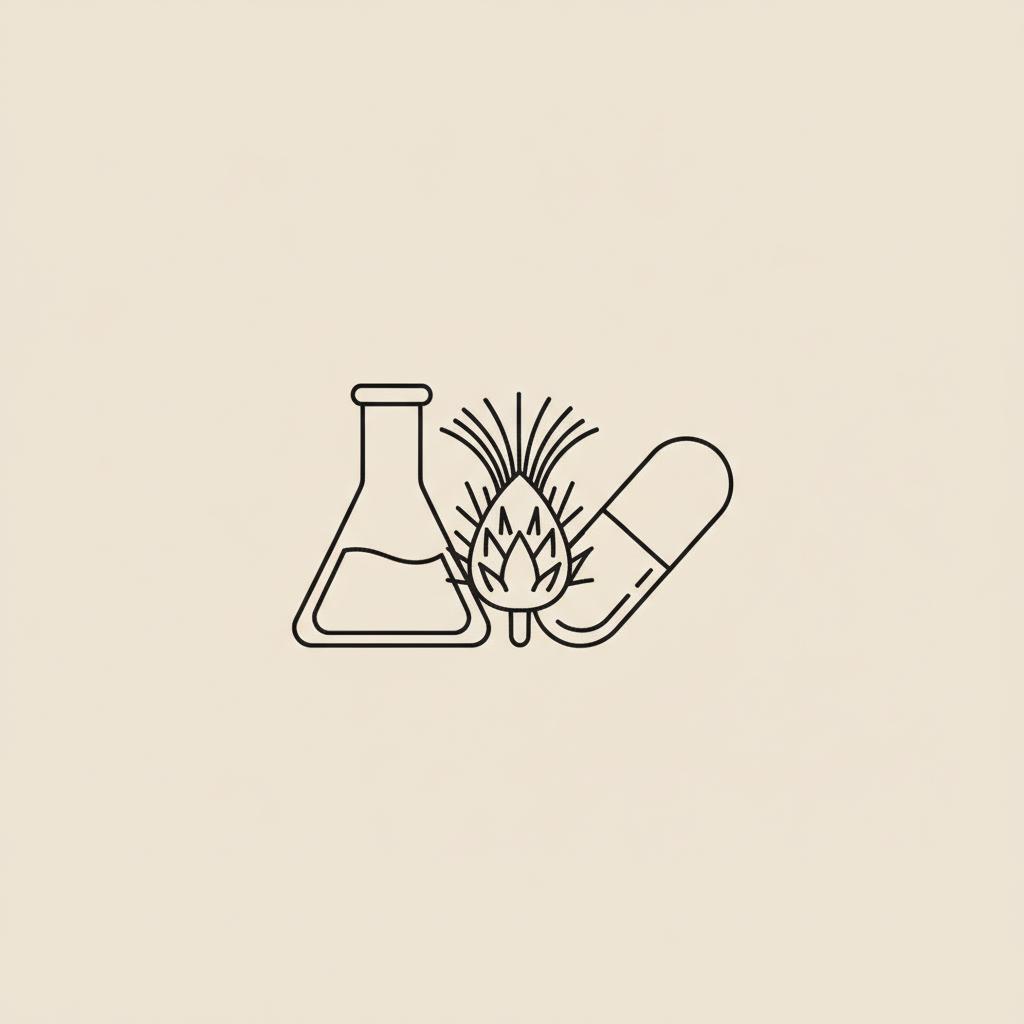 Minimal Tonum-style line illustration of a milk thistle seed, capsule, and small lab flask on beige background illustrating milk thistle side effects.