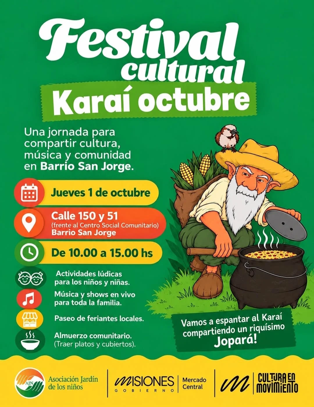 Karaí Octubre: música, feria y jopará comunitario en el barrio San Jorge