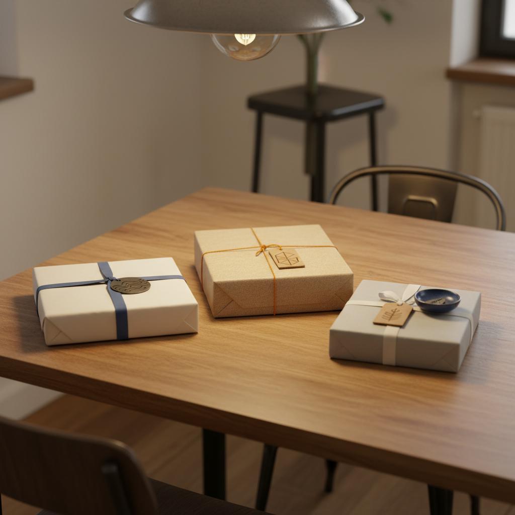 Nahaufnahme eines Esstisches mit dezent verpackten, als unglücksbringende Geschenke empfundenen Präsenten; warmes Licht, Metall- und Holzakzente, Fokus auf Gravuren und feine Details.