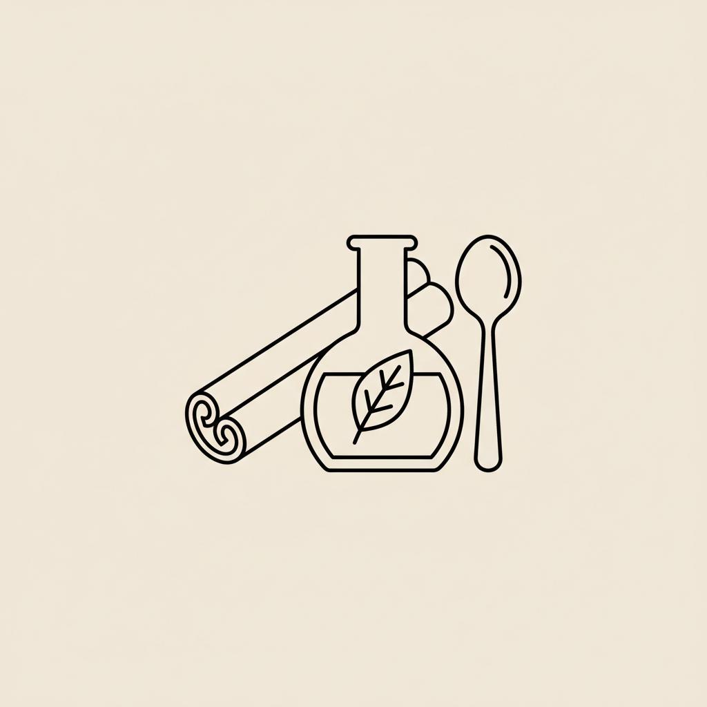 Minimal line illustration of a cinnamon stick, spoon, and a small lab beaker with a single leaf on a beige background, representing cinnamon blood sugar.