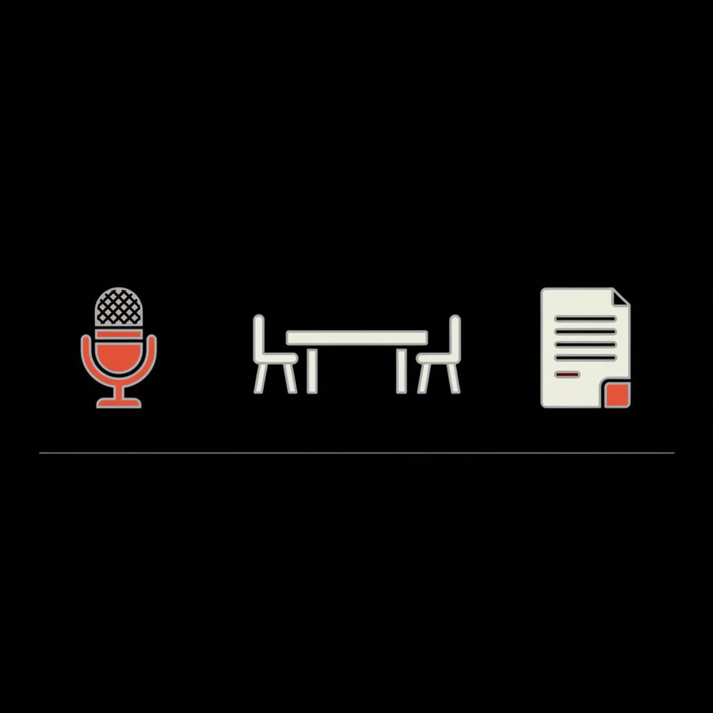 Minimal 2D vector editorial infographic showing a stylized microphone, an editorial board table silhouette, and a document icon on a black background using Social Success Hub brand colors.