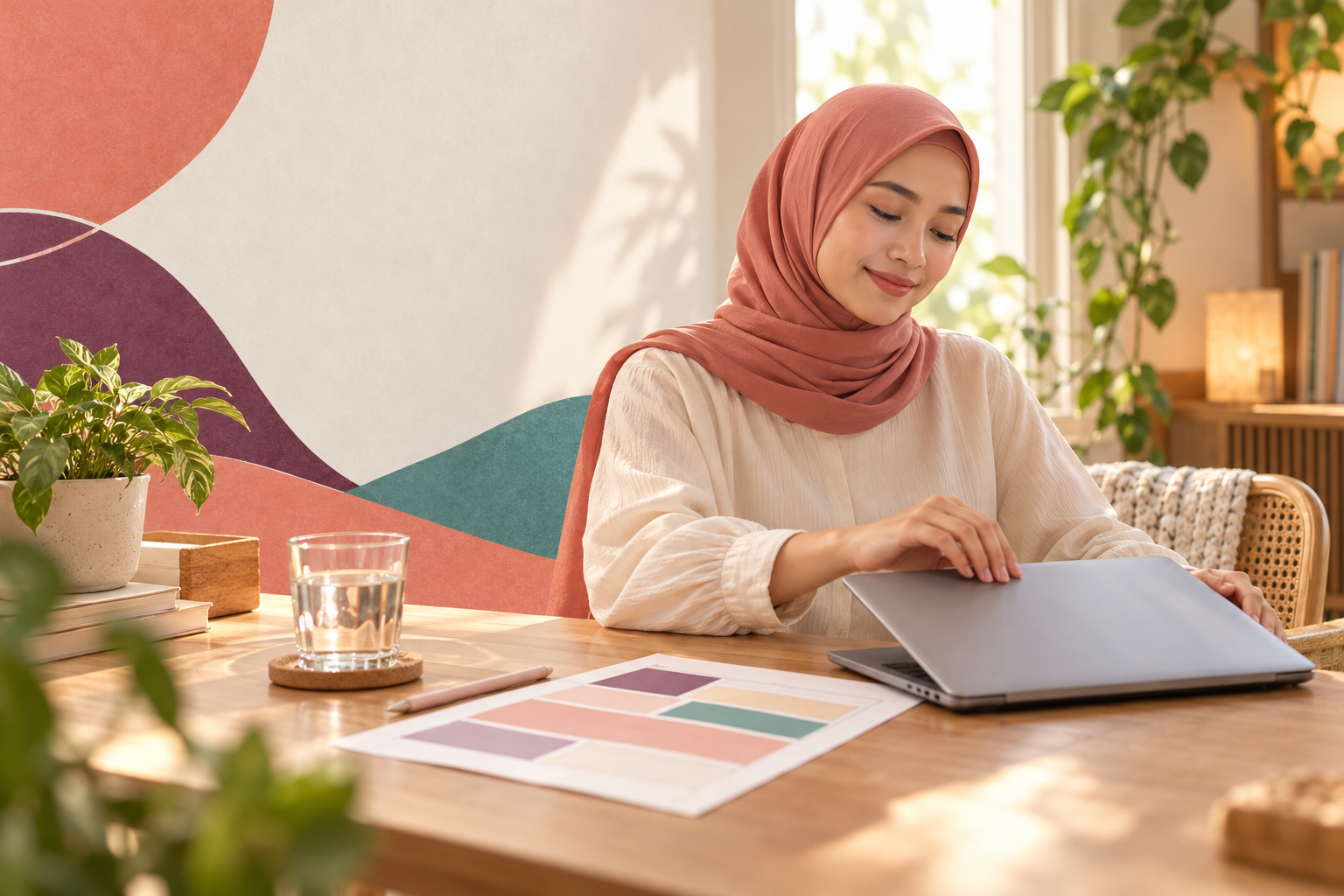 Perempuan berhijab menutup laptop setelah satu sesi kerja, dengan rencana harian sederhana di mejanya