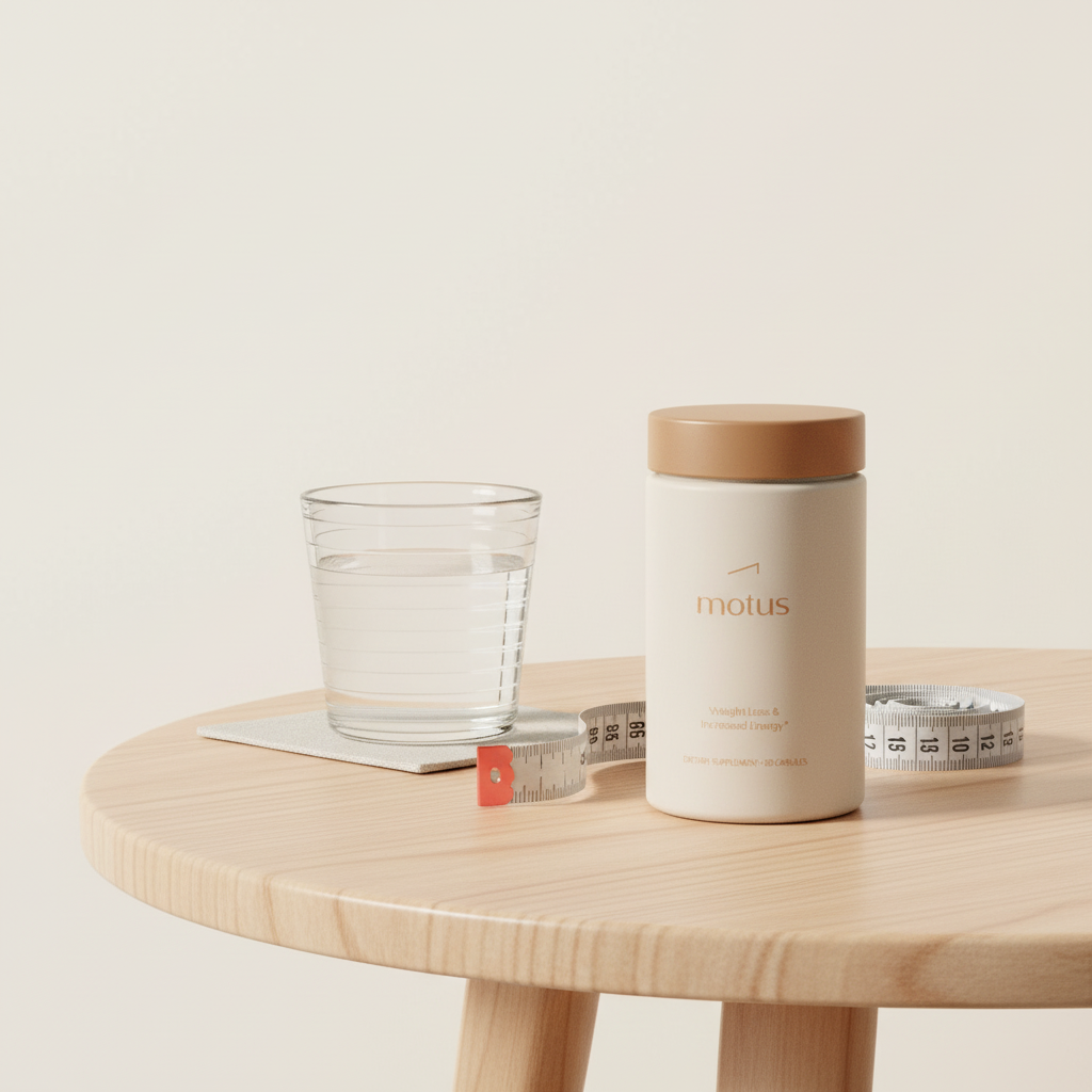 Minimal close photo of Motus bottle on a round wooden table with a glass of water and a measuring tape, evoking weight loss and OTC Ozempic alternatives.