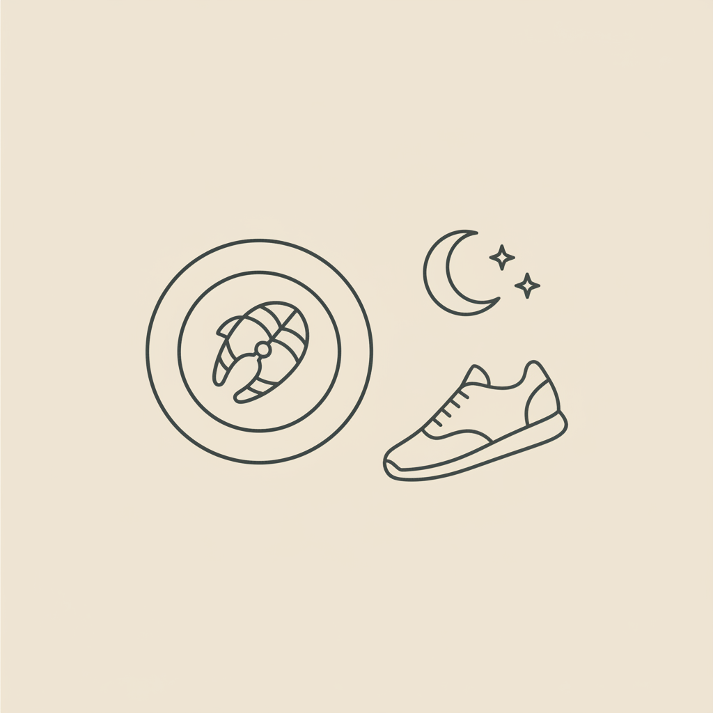 Minimal Tonum-style line illustration of a plate with protein, a walking shoe and moon-and-stars on beige background, representing 30 30 30 rule for perimenopause.