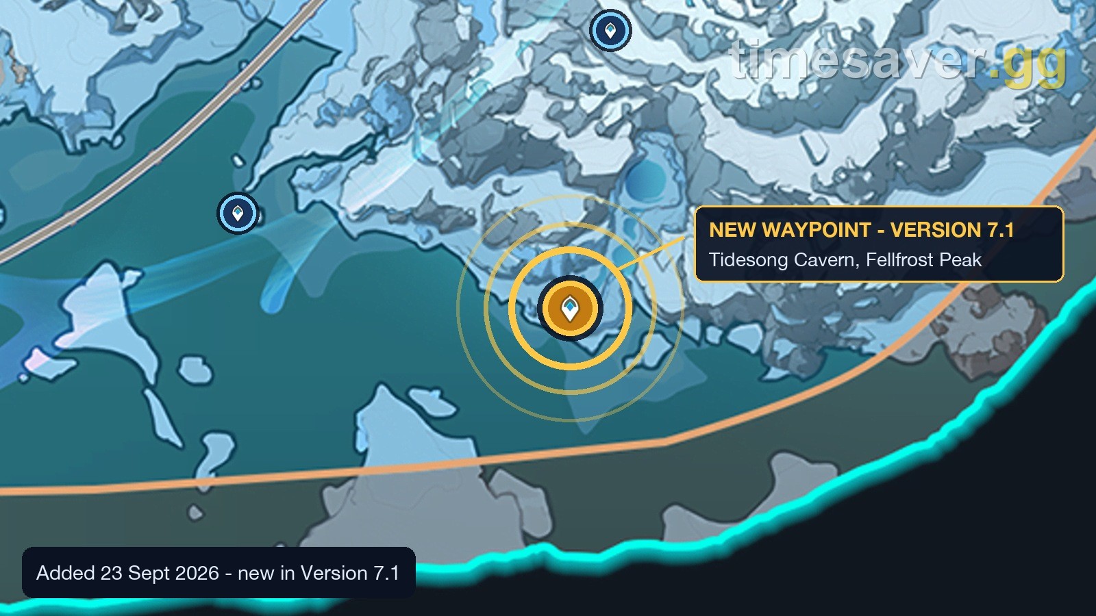 The new Version 7.1 Teleport Waypoint in Tidesong Cavern, Fellfrost Peak, plotted on the official Snezhnaya map