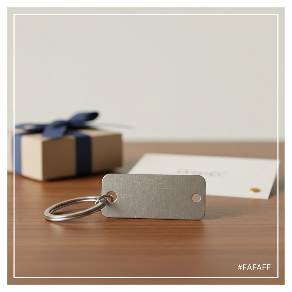 Nahaufnahme eines gravierten Metall-Schlüsselanhängers auf Holz mit Geschenkbox und Karte, minimalistisch, Brandsfarben subtil eingesetzt – Glückwünsche Bachelorprüfung