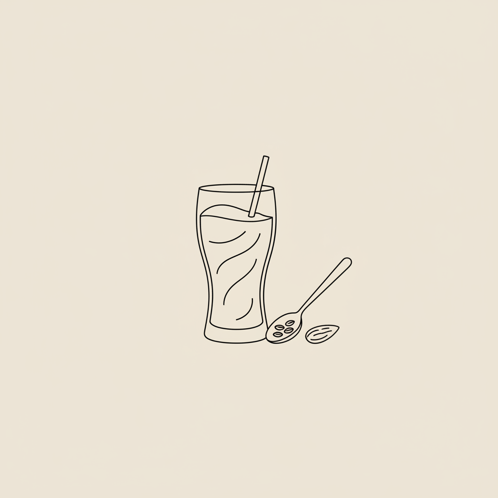 Minimalist vector illustration of a tall glass with a thick shake swirl, spoon with oats and an almond on a beige background for weight gain drinks