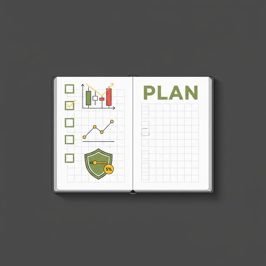 Minimalist 2D vector open trading notebook with icons for risk limits and checklist to make $100 a day trading cryptocurrency in Finance Police brand colors