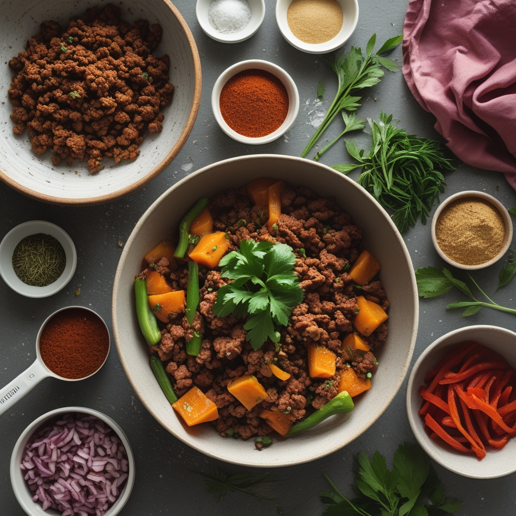 Ingredients for Spicy Ground Beef Stir-Fry Bowl with Garlic Veggies Delight - Easy & Flavorful Weeknight Meal