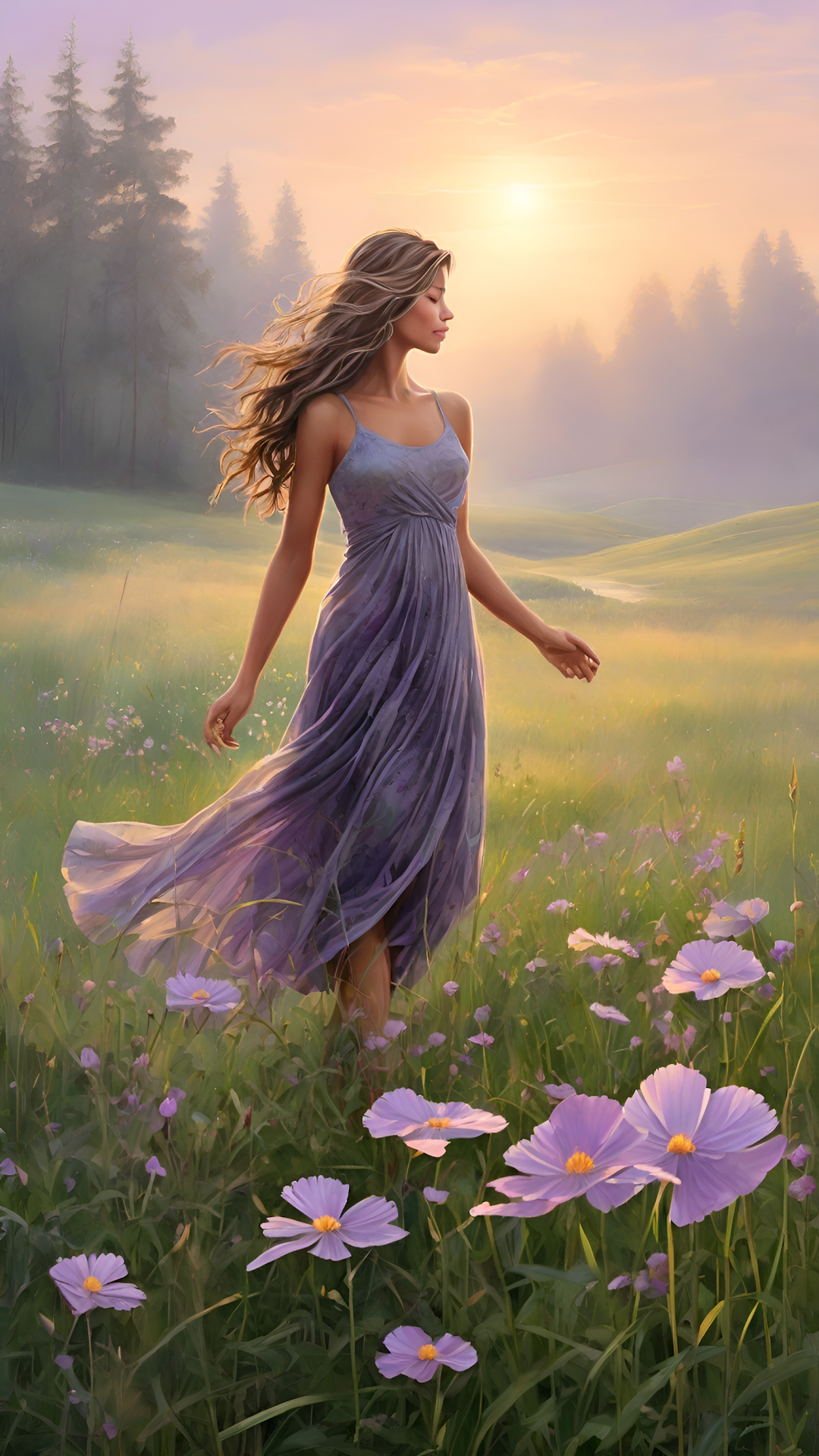 Romantic Woman in Lavender Dress in Cosmos Flower Field - Free 4K mobile Wallpaper