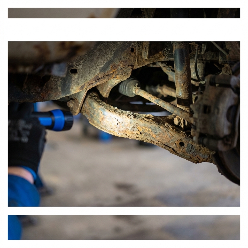 Close up underbody inspection showing control arms and surface rust on an older vehicle illuminated by a mechanic flashlight for old cars for sale