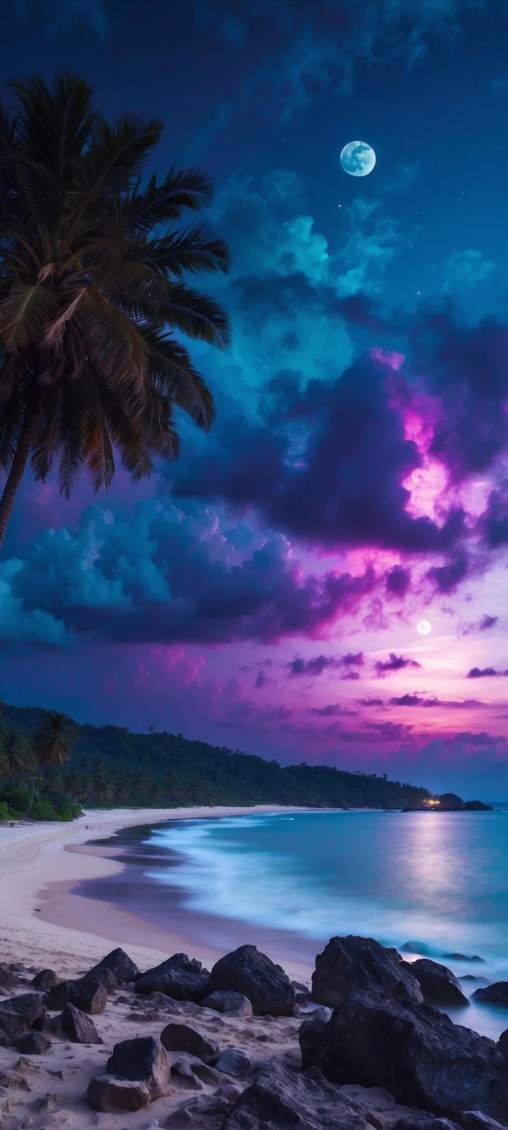 Tropical Beach Under Full Moon - Digital Landscape Art 2K iPhone Wallpaper (1440x3200)