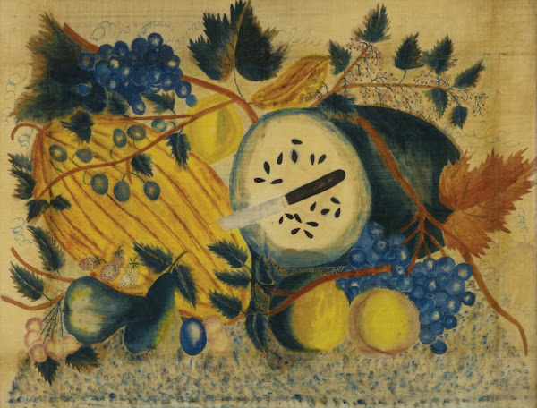 Green Watermelon and Yellow Melon with Fruit and Leafy Vines 19th Century