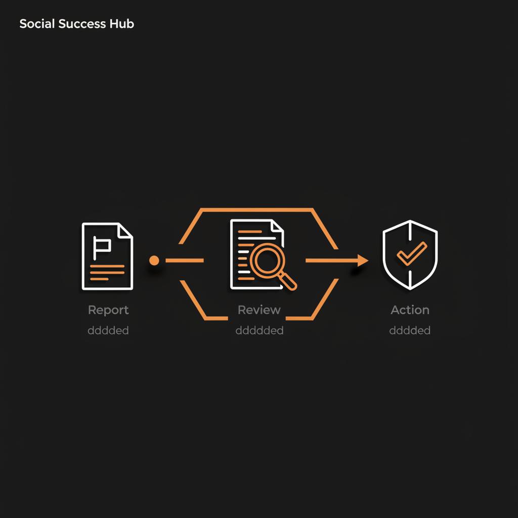 Minimal infographic showing Report → Review → Action with vector icons on a black background, accent lines in #dc5c2b and muted text #dddddd — does Google tell you who reported your review