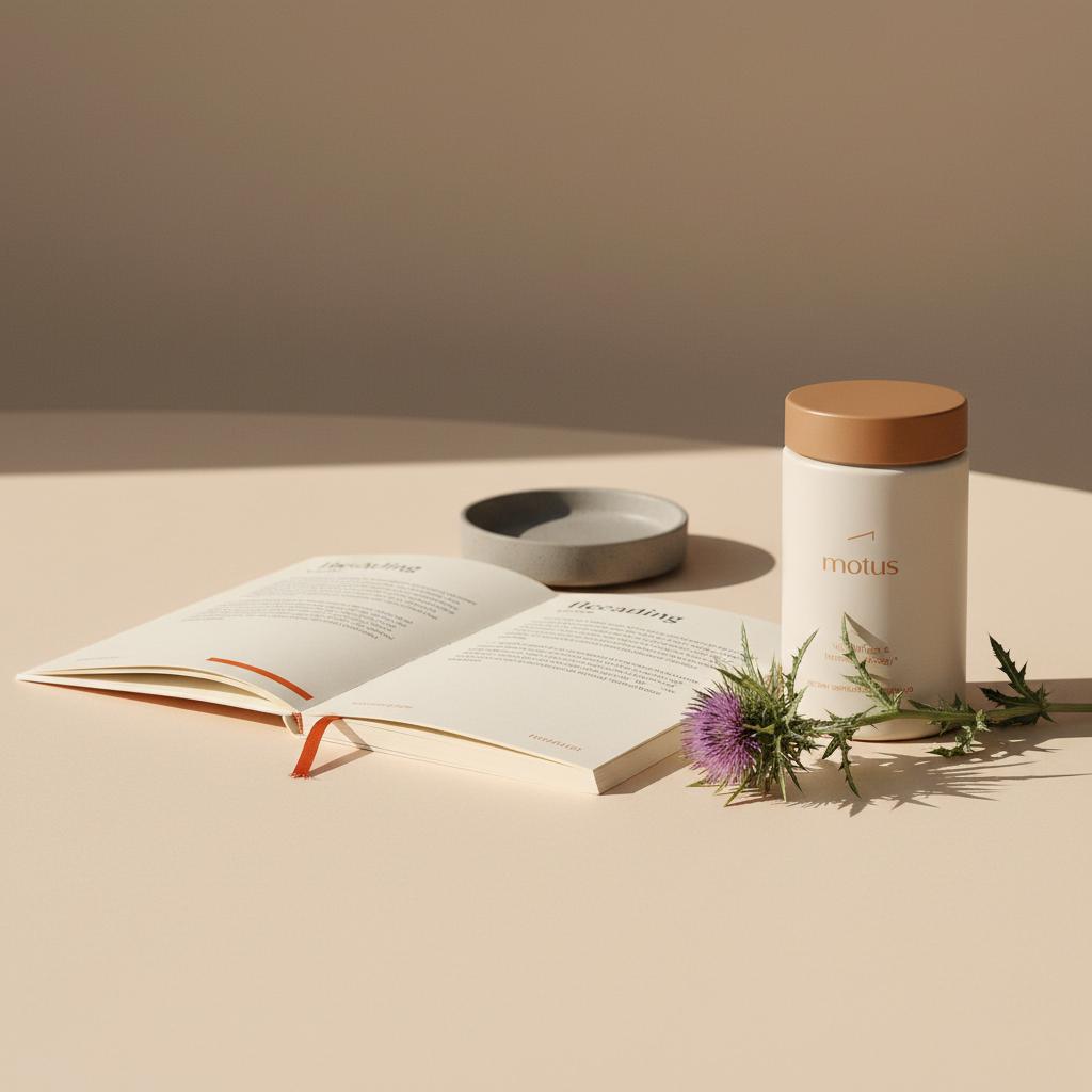 Minimalist product photo of Tonum supplement jar with research booklet and milk thistle sprig on a light beige background, highlighting milk thistle for kidneys or liver.