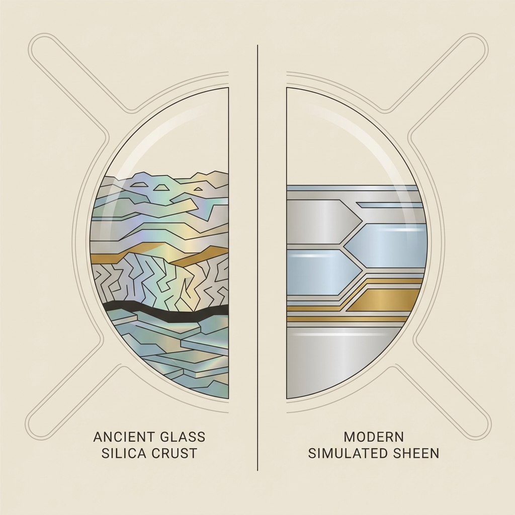 Minimalist vector illustration of magnified iridescent silica crust on ancient glass next to modern simulated sheen comparison in Aurora Antiqua palette for roman glass jewelry