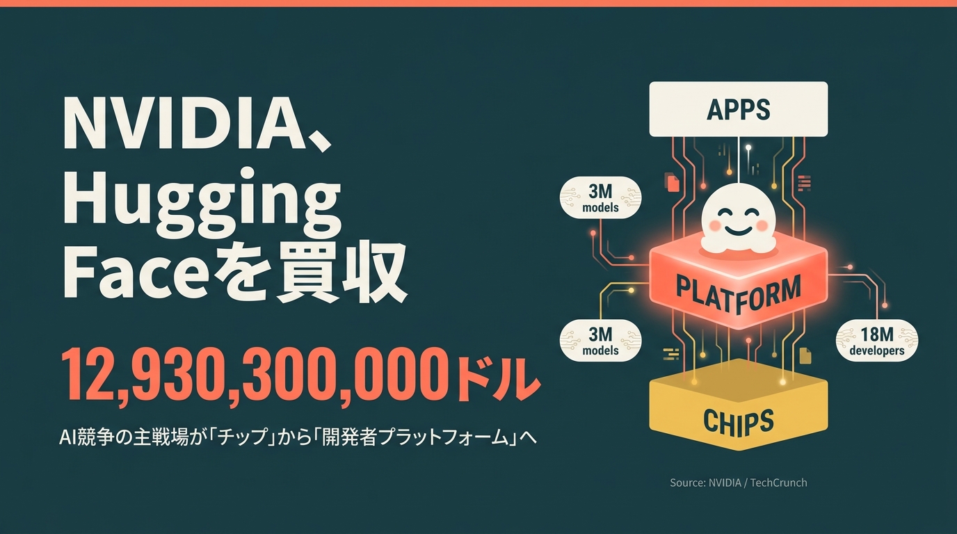 NVIDIAがHugging Faceを129.3億ドルで買収 — AI競争の主戦場は「チップ」から「開発者プラットフォーム」へ移った